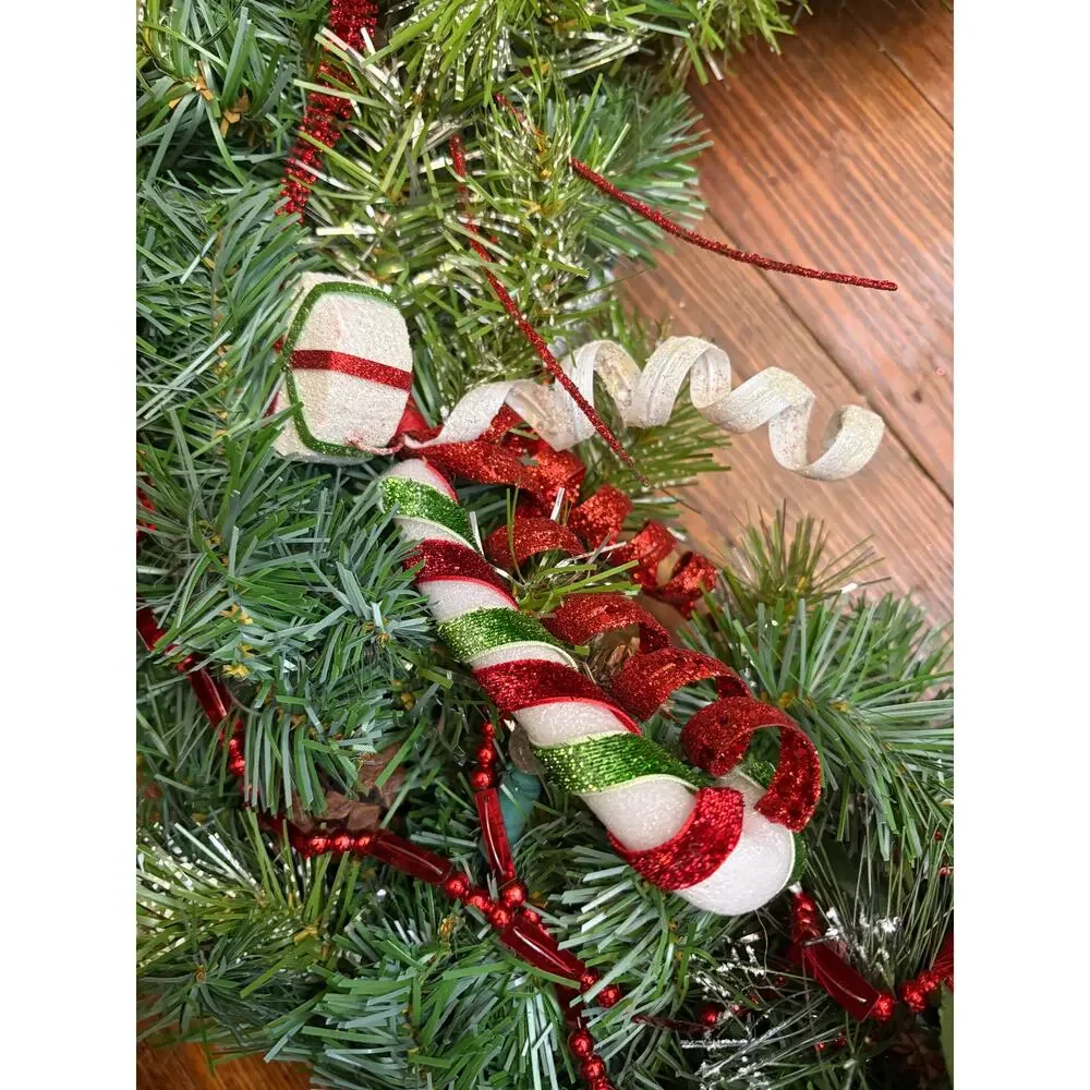 Handmade Large 26” Christmas Wreath Butterfly Lights Beads Poinsettia Wire Back